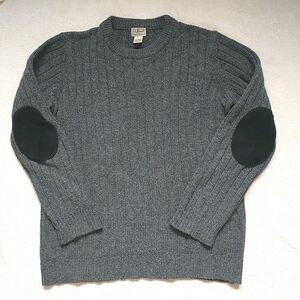 LL Bean Sweater Mens L Tall Gray LambsWool Elbow Patches Rib Knit Chunky Outdoor